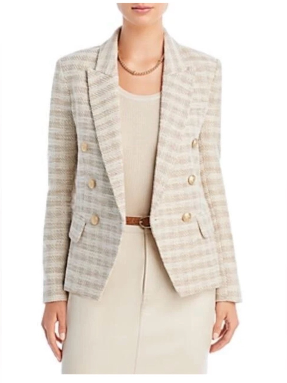 L'AGENCE Women's Cream and Beige Double-Breasted Tweed Blazer
